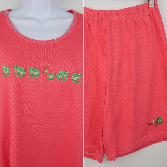 Quacker Factory Shorts Shirt SET Womens Medium Coral Embroidered 100% Cotton - Picture 1 of 16